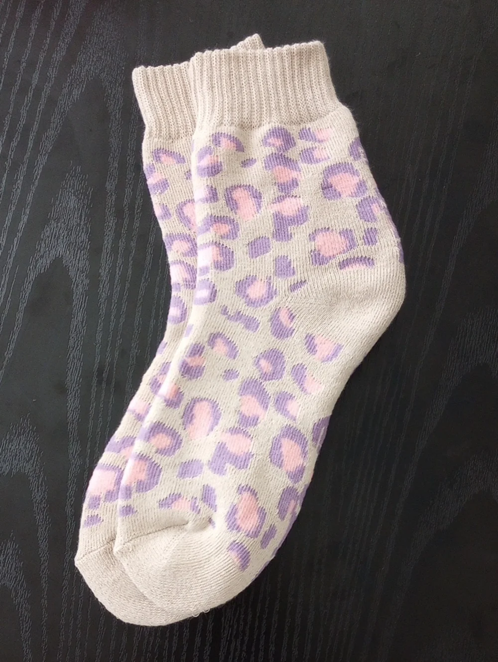 Cream Leopard Print Crew Socks with Pink & Lavender Accents